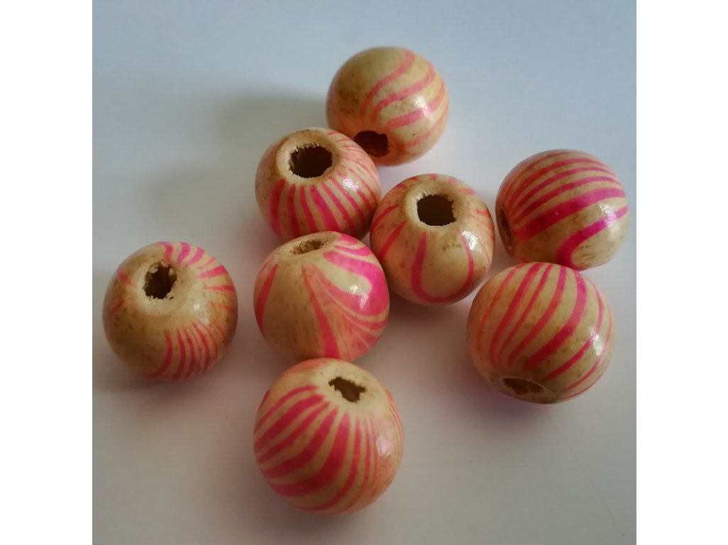 Kuličky dřevěné, motiv zebra - více druhů - růžová, 14 mm